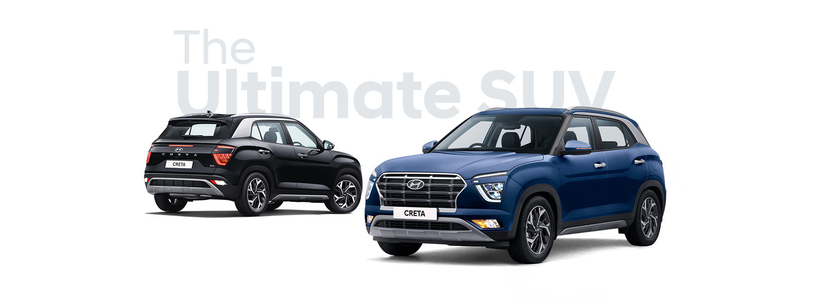 Side view of white Creta in front and navy Creta parked behind with the text All-New-Creta on the background